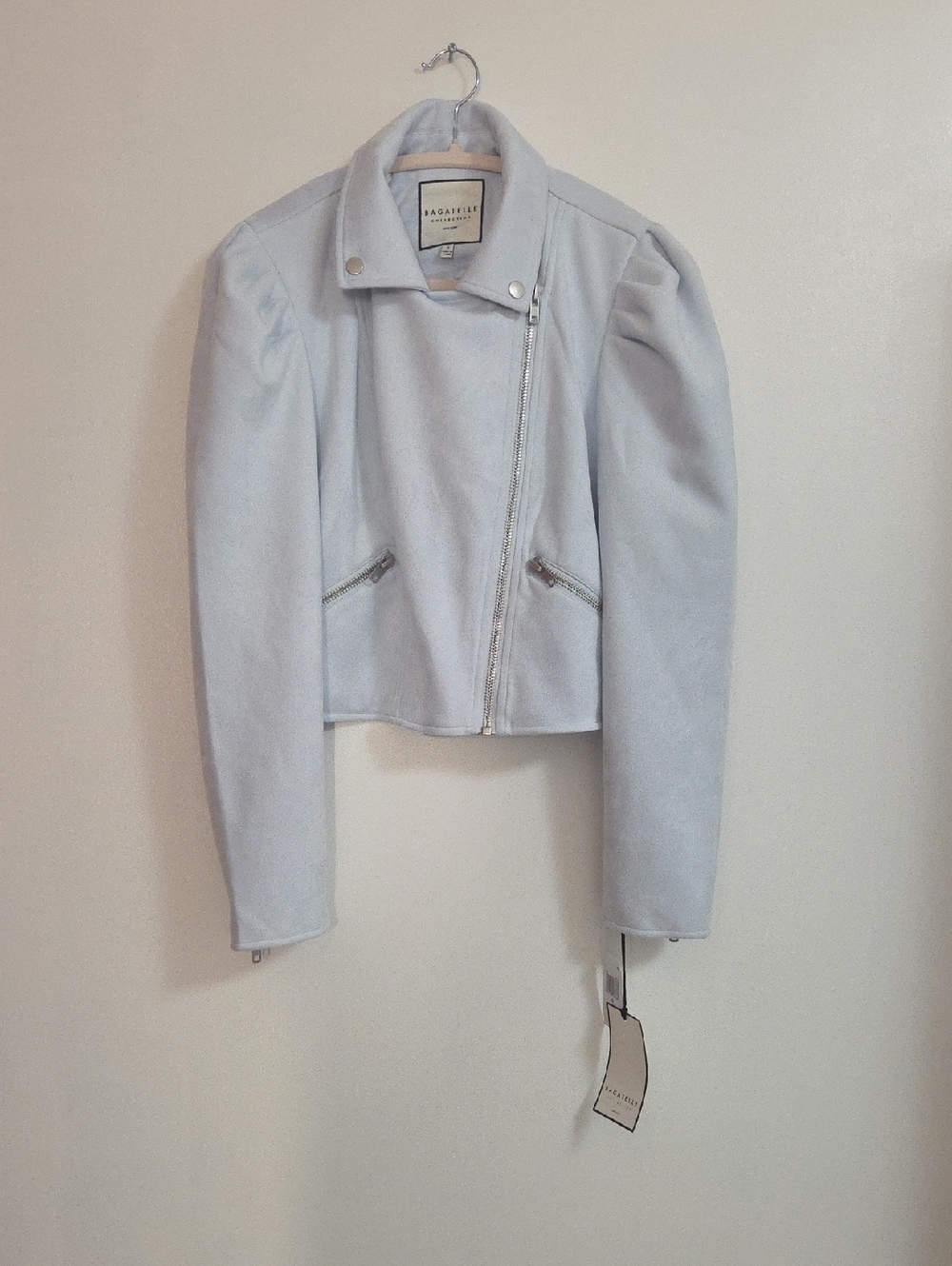 Bagatelle Pale Blue Faux Suede Asymmetrical Moto Jacket Small